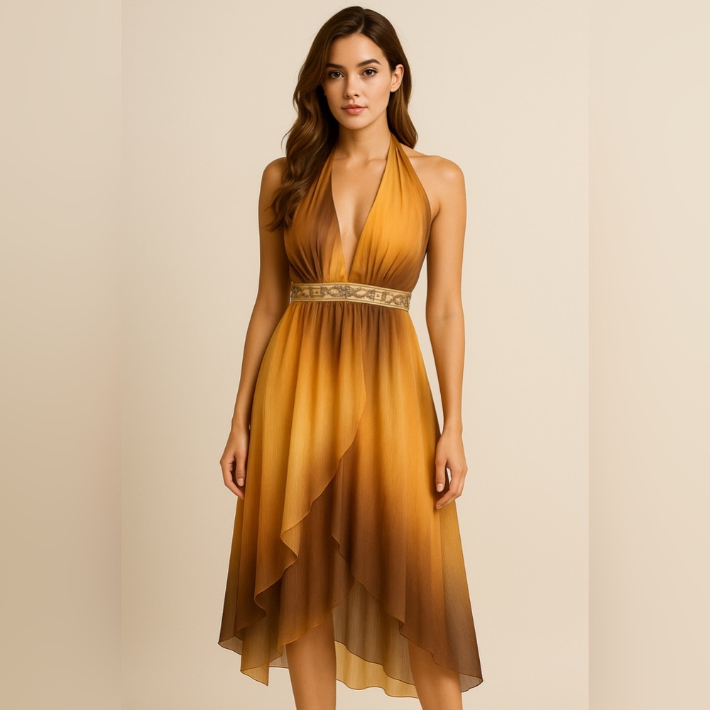 Bain de Nuit Paris Ombre Beaded Halter Evening Gown Dress